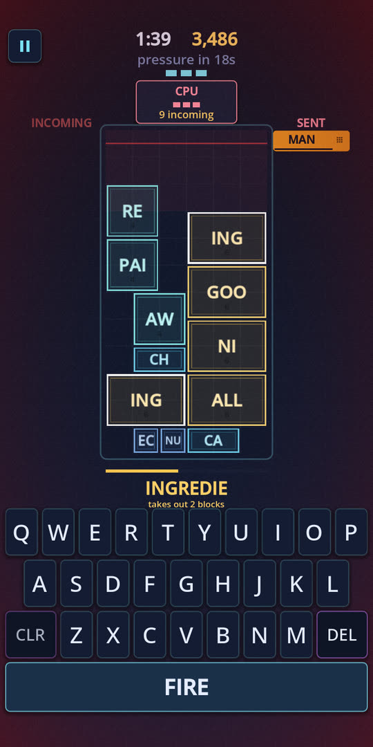 A Word Wars match in progress: stamped blocks stacked on the board, a word being typed below.